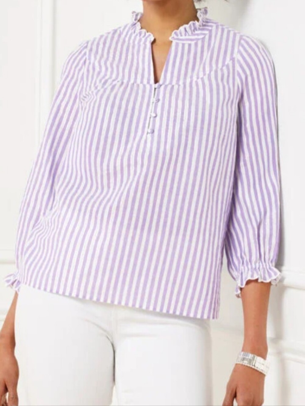 Talbots Women's Purple Silver Thread Striped Blouse Ruffled Scalloped Feminine L